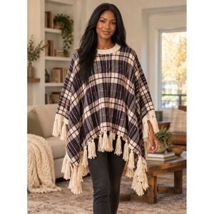 5th & Love Plaid Fringe Poncho Sweater Beige Navy Burgundy Knit Cape XS/S